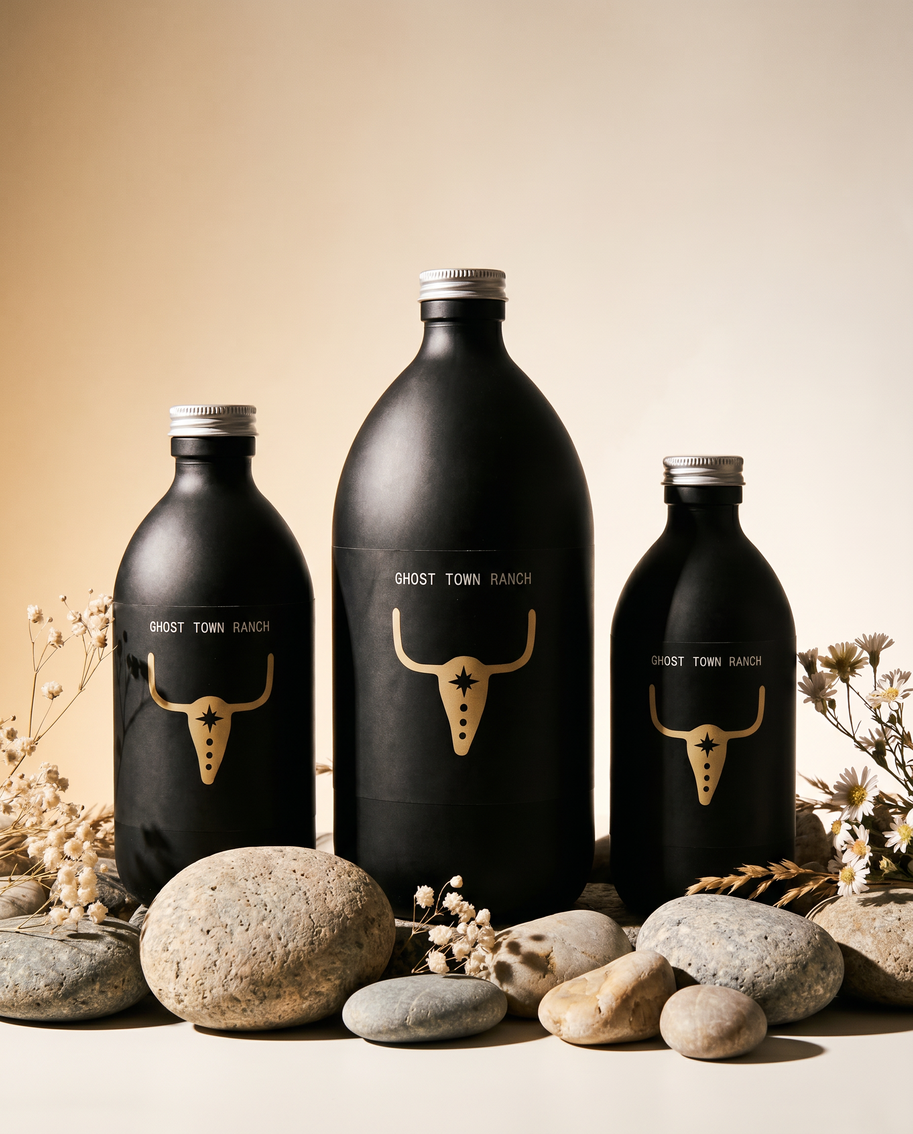 Ghost Town Ranch Wash House — matte black glass bottles, hand wash, hair and body wash